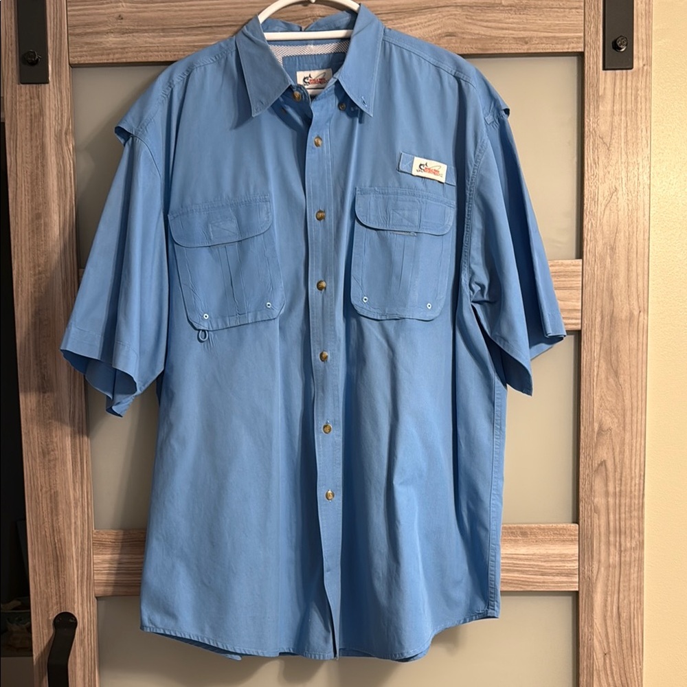 Bass Pro Shops Blue Casual Button Down Short Sleeve Vented Shirt Size 2XLT